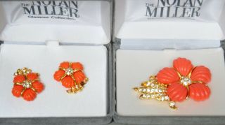 Vintage Signed Nolan Miller Faux Coral Rhinestone Flower Brooch And Earring Set 2