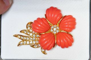 Vintage Signed Nolan Miller Faux Coral Rhinestone Flower Brooch And Earring Set 3