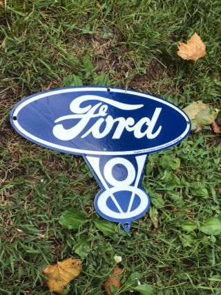 Vintage " Ford V8 Cars & Trucks Porcelain Metal Gasoline Oil Door Push Sign 1939