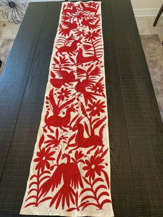 Tenango Otomi Embroidered Table Runner In Red 73 X 16 Inches