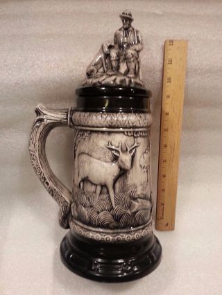 Vintage Hand Crafted 13 " Tall Beer Stein With Hunter And His Dog With Lid