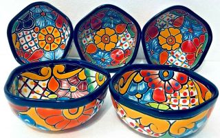 Mexican Talavera Pottery Bowl Octagon Set Of 5 Folk Art Soup Salad Cereal
