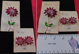 Vintage Albert Weiss Red Rhinestone Daisy Flower Brooch Pin Clip Earrings Set