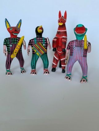 Oaxacan Carved Wooden Figure Set: 3 Abad Xuana Musicians And A Red Donkey