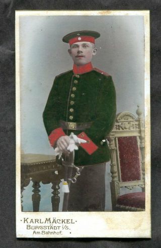 T40 - Germany 1910s Cdv Photo Of A Soldier With Sabre.  Hand Colored.  Burgstädt