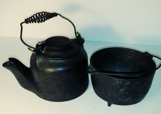 Vintage Wagner Ware Sidney O Toy Cast Iron Tea Kettle & Cauldron Kettle Bucket