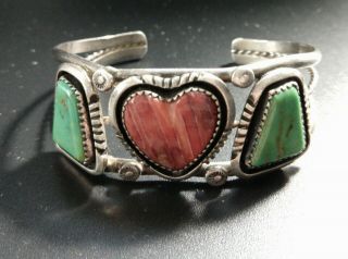 Vintage Navajo Will Denetdale Sterling Turquoise,  Spiny Oyster Cuff Bracelet