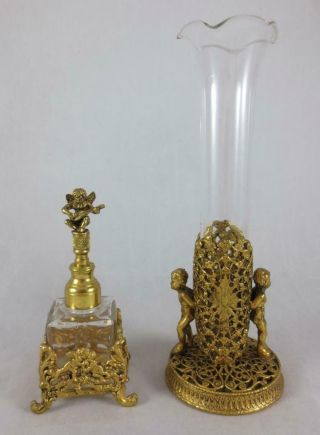 Vtg Globe 24 Kt.  Gold Plated Ormolu Filigree Cherubs Perfume Bottle & Bud Vase