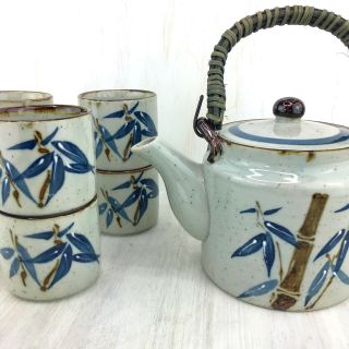 Vintage Otagiri Japanese Tea Set Teapot And 6 Teacups Bamboo Handle Blue Bamboo