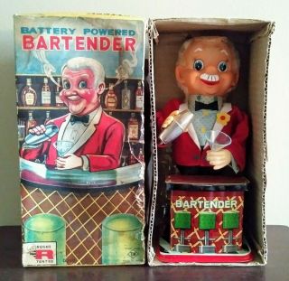 Battery Operated Bartender Tin Bar Toy W/ Box 1960 