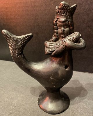 Vintage Vtg Mermaid Native Indian Oaxaca Black Clay Barro Pottery Whistle