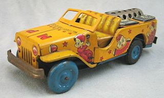 Vintage Tin Friction Yellow Military Police Comic Jeep - - Japan