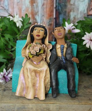Bride & Groom On Bench Wedding Couple Clay Mexican Folk Art Jose Aguilar Oaxaca