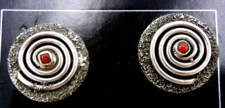 Navajo Alex Sanchez Sterling Silver And Coral Petroglyph Style Earrings