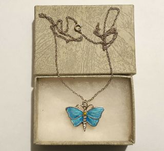 Vintage Norwegian 925 Silver & Guilloche Blue Enamel Butterfly Pendant Necklace