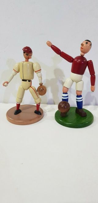 Vintage Wooden Toy Figurine,  Baseball & Football Players Czechoslovakia 1950 