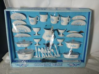 Vintage Corning Ware Plastic Play Toy Dishes Blue Cornflower Corelle Set 40 Piec