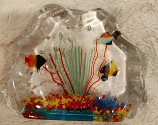 Vintage Murano Art Glass Aquarium Sculpture Paperweight 3 Fish Made In Italy