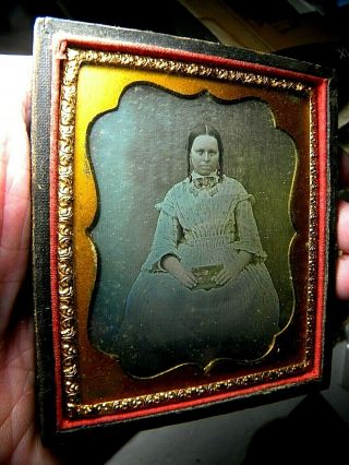 1/6 Plate Daguerreotype - Tinted Woman Holding Dag Case