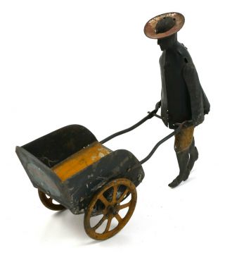 Vintage Tip Top Porter Ferdinand Strauss Tin Toy Man Pushing Wagon Or Cart