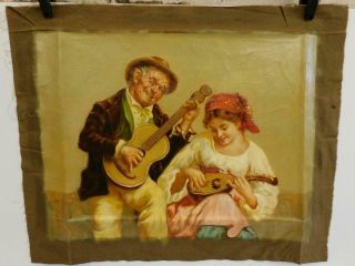 Vintage Old Painting Oil On Canvas Musicians