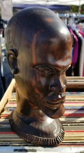 Ebony Iron Wood Carving Of African Male Tribal Head Bust Statue