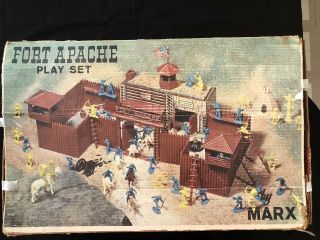 1960s Marx Fort Apache Playset W Tin Litho And Figurines Inside Looks Complete
