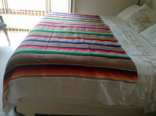 Vintage Mexican Wool Hand Woven Fringed Saltillo Serape Blanket Stripes 89x60