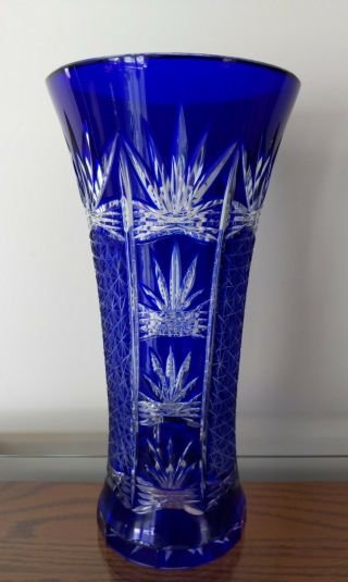 Large Vintage Bohemian Art Glass Cobalt Blue Cut To Clear Vase 9 3/4 Inches