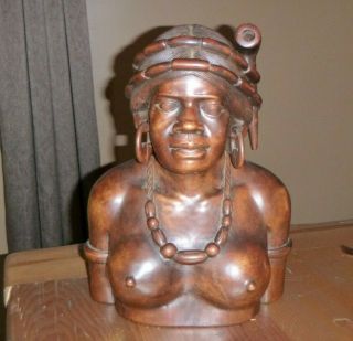 Vintage Hand Carved Wood Woman African Figure Bust Nude Pipe Earring Headpiece