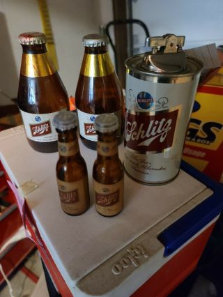 Vintage Schlitz Beer Can Lighter,  (2) 7 Oz Bottles (empty) And Salt/pepper Shakers