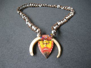 Papua Guinea Seeds,  Boar Tusks,  Painted Wood,  Fibers,  Beads Tribal Necklace