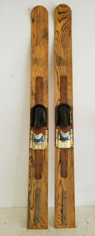 Early Vintage Old Long Board Wood Water - Skis,  Updated Bindings,  78 " X 6 - 1/2 "