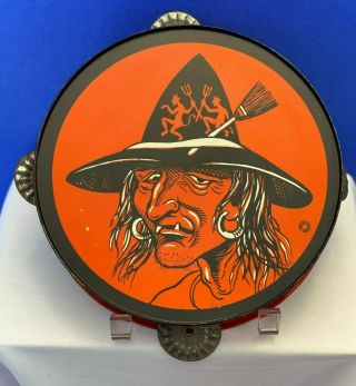 Vintage Witch Halloween Tin Litho Tambourine T.  Cohn