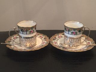 2 Vintage Aynsley Hand Painted Cups And Saucers With Silver Holder And Spoons