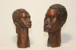 African Tribal Art Decor Sculpture Statue Carved Wood Male & Female Head Statue