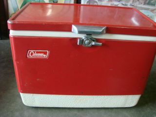 Vintage Coleman Red/white Metal Cooler Ice Chest W/metal Handles - 1970 Era