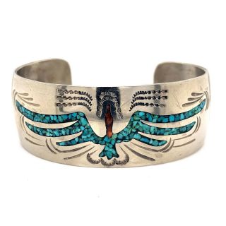 Vtg Navajo J Nezzie Inlaid Turquoise & Sterling Silver Phoenix Cuff Bracelet 195