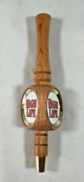 Vtg Miller High Life Beer 3 Sided Tap Handle Tapper - Wood And Brass 12 "