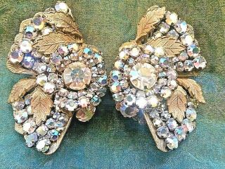 Vintage Signed Miriam Haskell Crystal Ab Rhinestone Earrings Large Flowers Leaf
