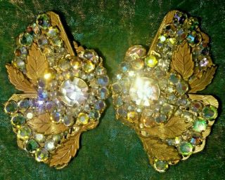 Vintage Signed Miriam Haskell Crystal AB Rhinestone Earrings Large Flowers Leaf 2