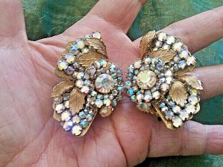 Vintage Signed Miriam Haskell Crystal AB Rhinestone Earrings Large Flowers Leaf 3