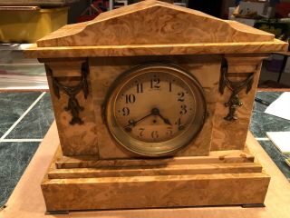 Vintage Seth Thomas Adamantine Mantle Clock Butterscotch Faux Marble Brass Accen