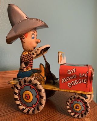 Vintage Unique Art Wind Up Tin Toy,  Rodeo Joe Crazy Car
