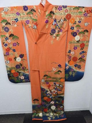 Bridal Orange Silk Japanese Kakeshita Kimono W/sakura,  Ducks,  Emb G934