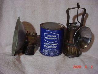 Vintage Justrite Carbide Head Lamp,  Hand Lamp,  Empty Union Carbide Can