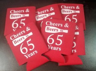 Cheers And Beers To 65 Years Can Coolers Koozies Red 6 Pack