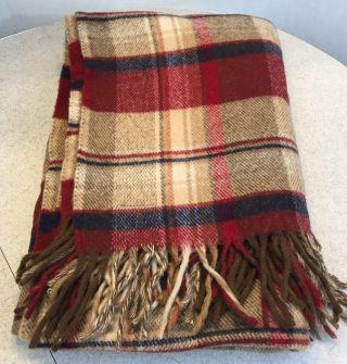 Vtg Pendleton Woolen Mills Fringe Virgin Wool Blanket 74” 50” Brown Red Blue