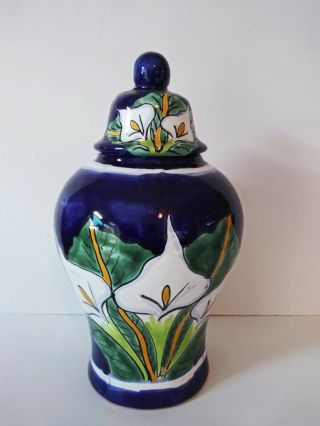 Talavera Mexican Puebla Pottery Large Tibor Ginger Jar Vase Blue Lily 14.  5 "