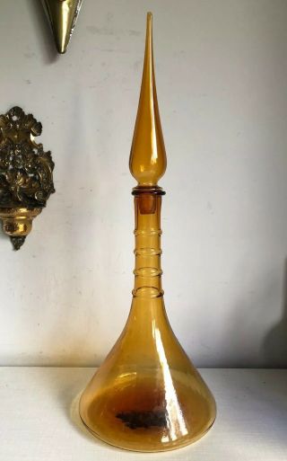 Vintage 70s Mid Century Empoli Amber Glass Large Genie Bottle Decanter Ribbed